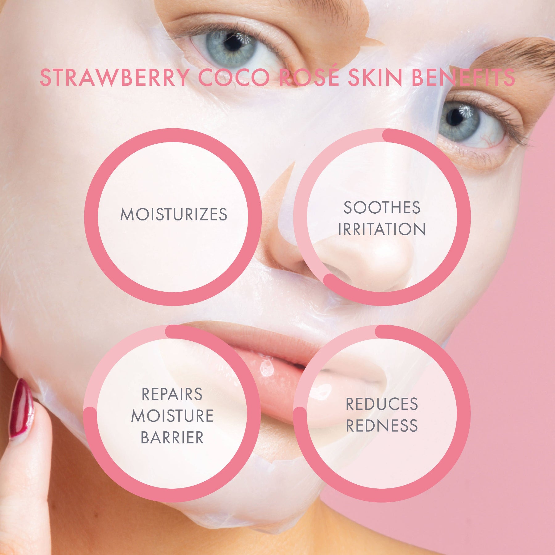 Woman wearing a pink face mask with text highlighting skin benefits on a white background, Strawberry Coco Rosé Soothing Biocellulose Mocktail Mask