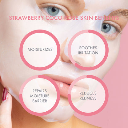 Woman wearing a pink face mask with text highlighting skin benefits on a white background, Strawberry Coco Rosé Soothing Biocellulose Mocktail Mask