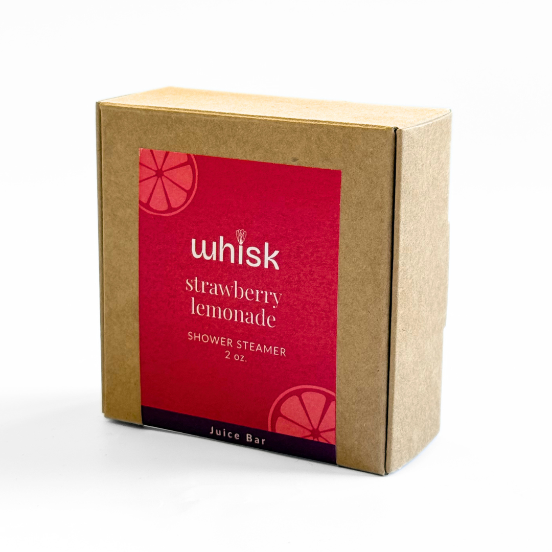 Whisk strawberry lemonade shower steamer packaging on a white background