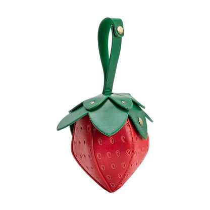 Strawberry-shaped bag with green top on a white background