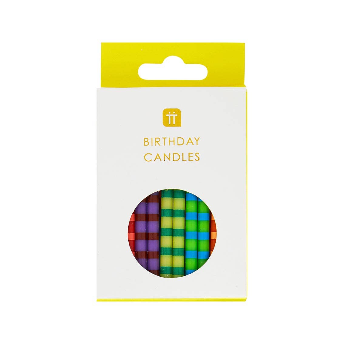 Packaged birthday candles with colorful design on a white background