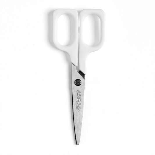 White-handled scissors with silver metal blades, shown against a plain white background. The brand name 'Bergdorf' is engraved on the blade.