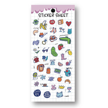 Sticker sheet with various colorful stickers on a white background