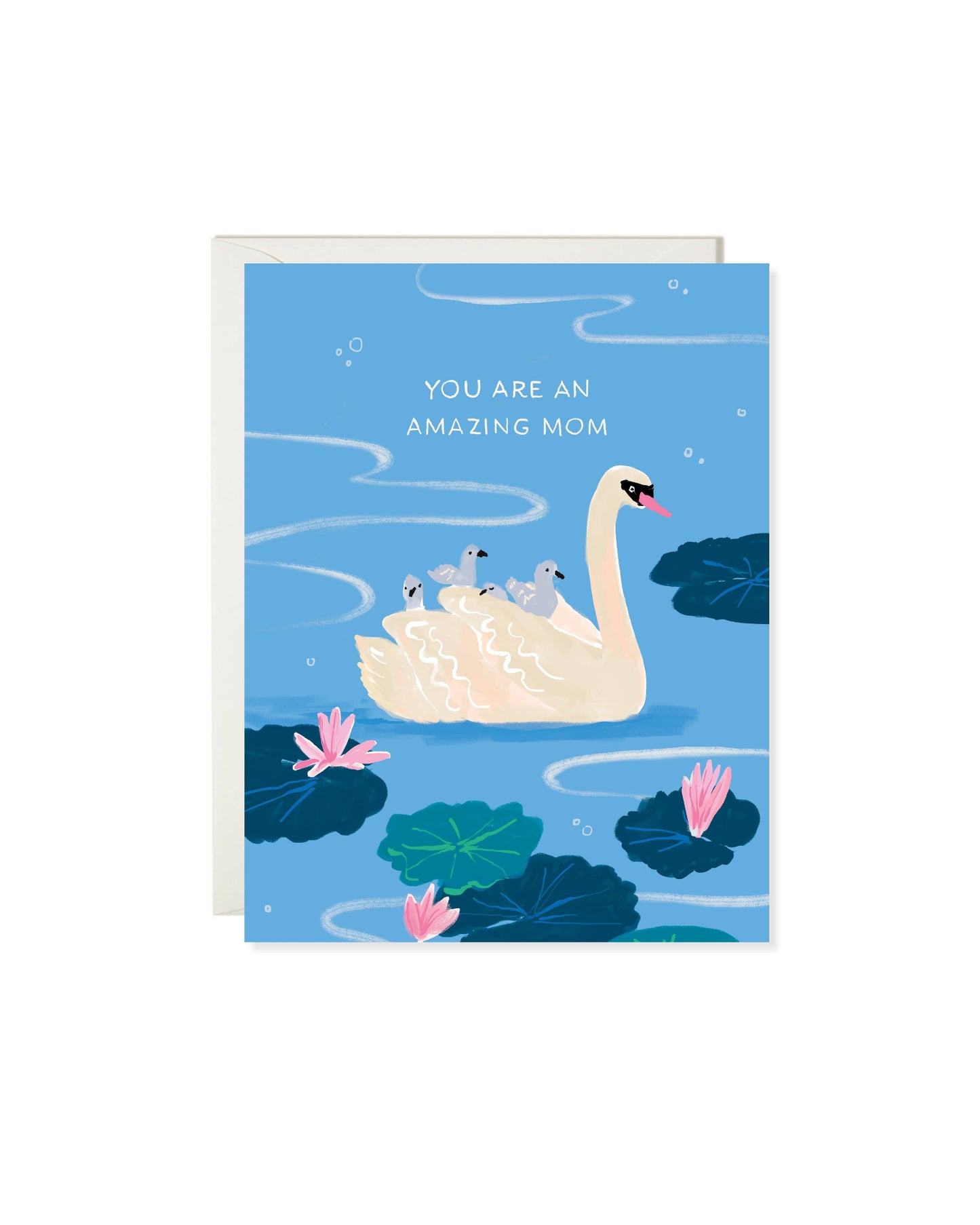 Greeting card with a swan and cygnets on a blue background, featuring the text 'You are an amazing mom'.