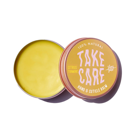 Hand and cuticle balm in a purple container with 'Take Care' branding on a white background