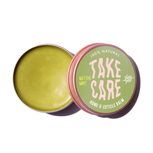 Hand and cuticle balm in a tin with 'Take Care' branding on a white background