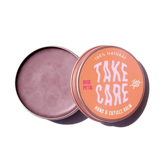 Hand and cuticle balm container with 'Take Care' branding on a white background