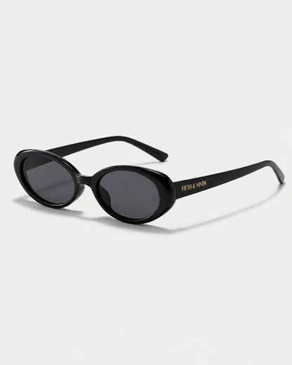 Black sunglasses with a brand logo on a light gray background