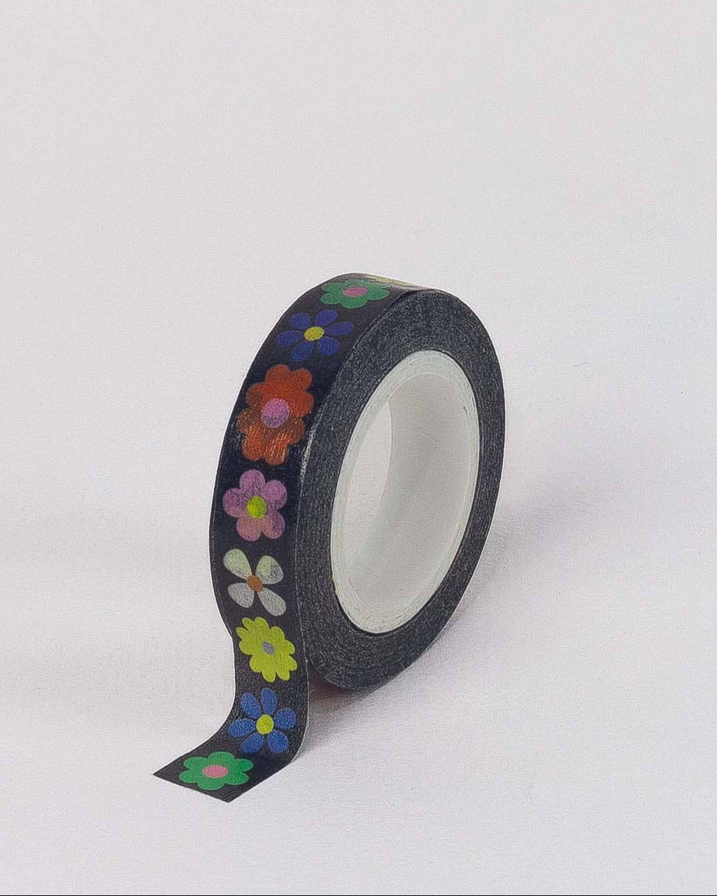 Roll of decorative tape with colorful flower pattern on a white background