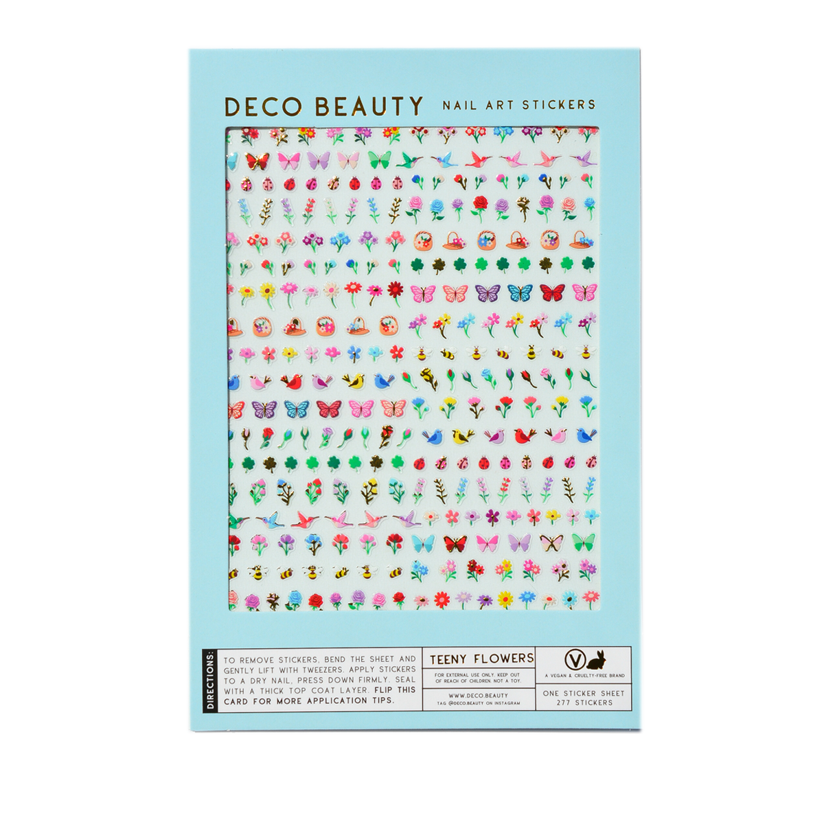 Packaging of Deco Beauty nail art stickers with a variety of colorful designs on a light blue background.