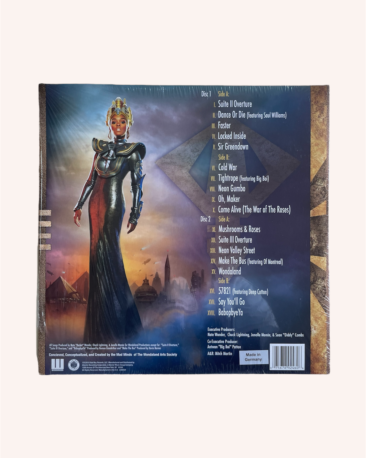 Back cover of a vinyl record with album art and tracklist on a white background. The ArchAndroid - Janelle Monae