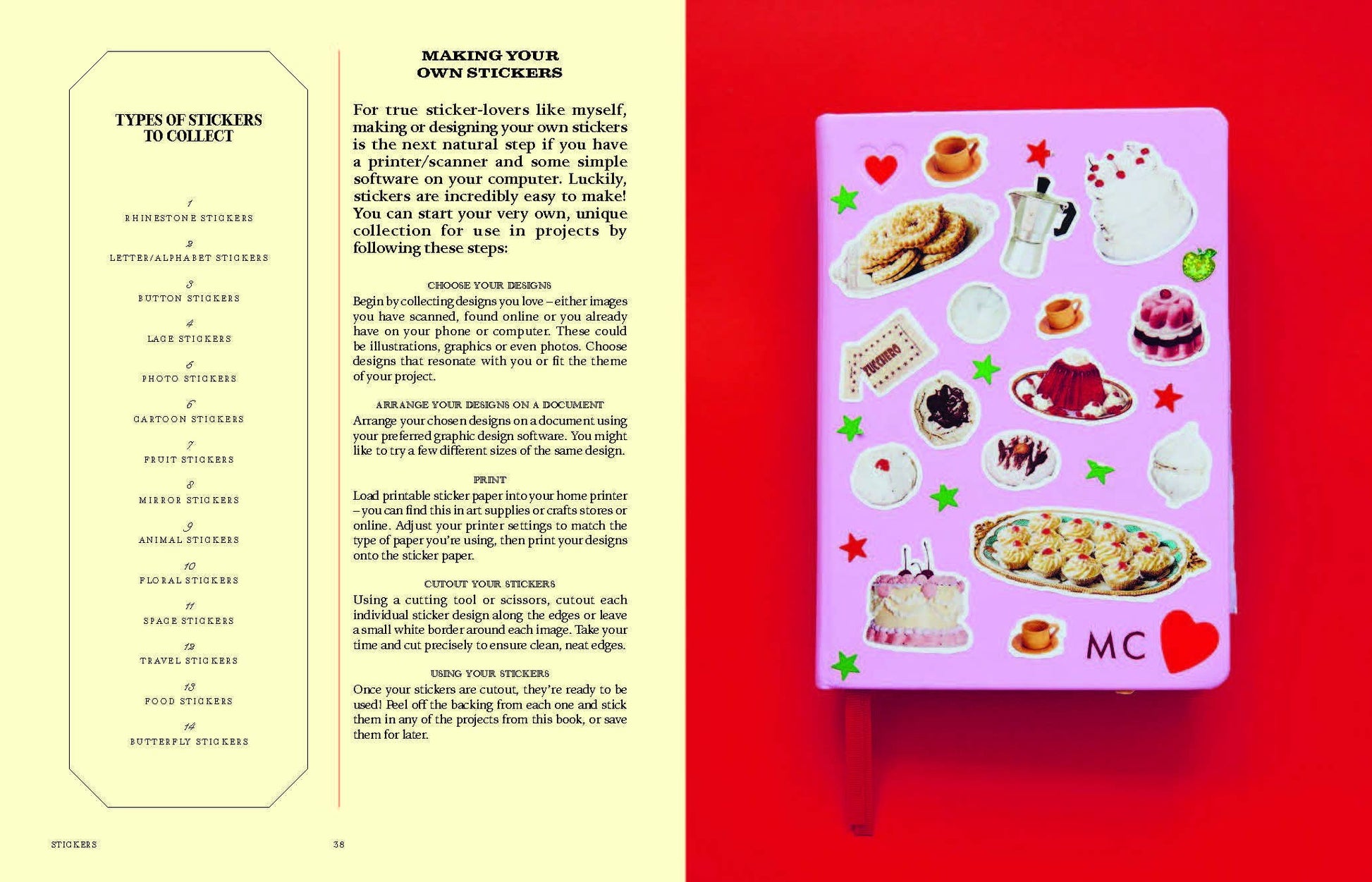 Sticker book with various stickers on a red background