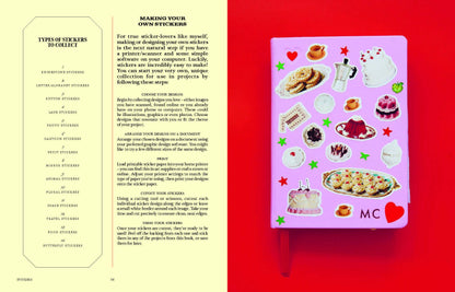 Sticker book with various stickers on a red background