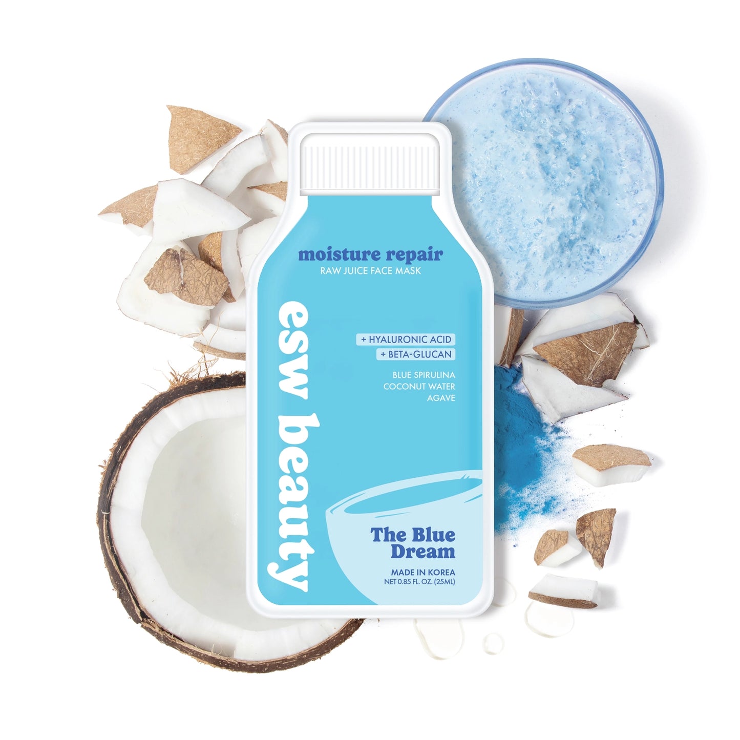 Esw Beauty raw juice face mask with coconut pieces and blue mask on a white background