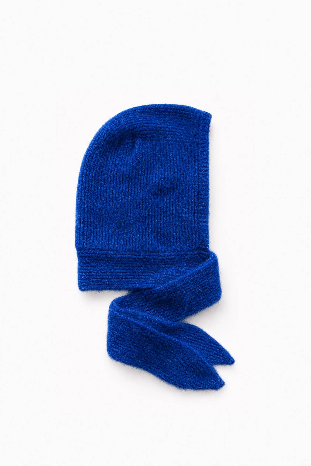 A vibrant royal blue knit bonnet with a matching knotted scarf, displayed on a clean white background.