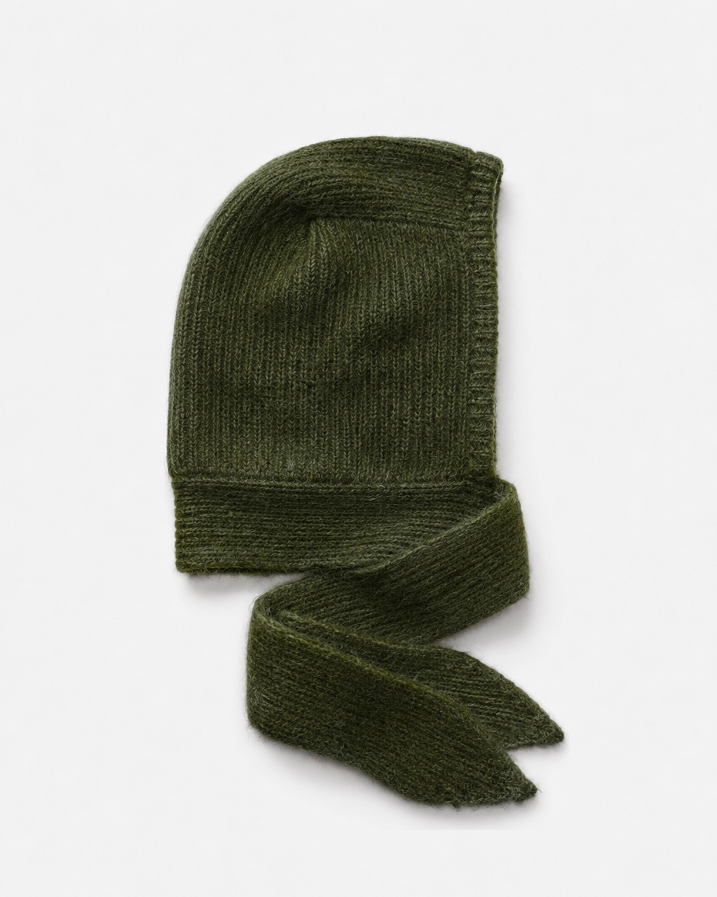 An olive green ribbed knit bonnet with a matching knotted scarf, displayed on a clean white background.