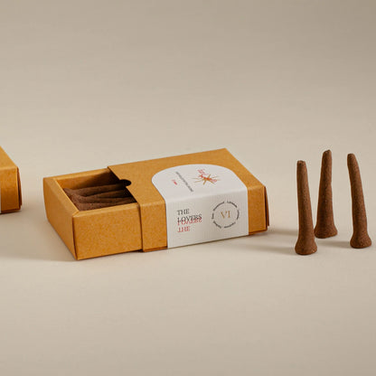 Box of incense sticks with three sticks displayed on a beige background
