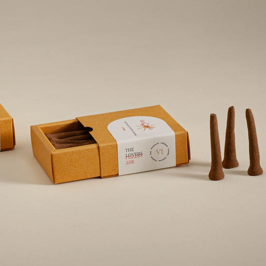Box of incense sticks with three sticks displayed on a beige background