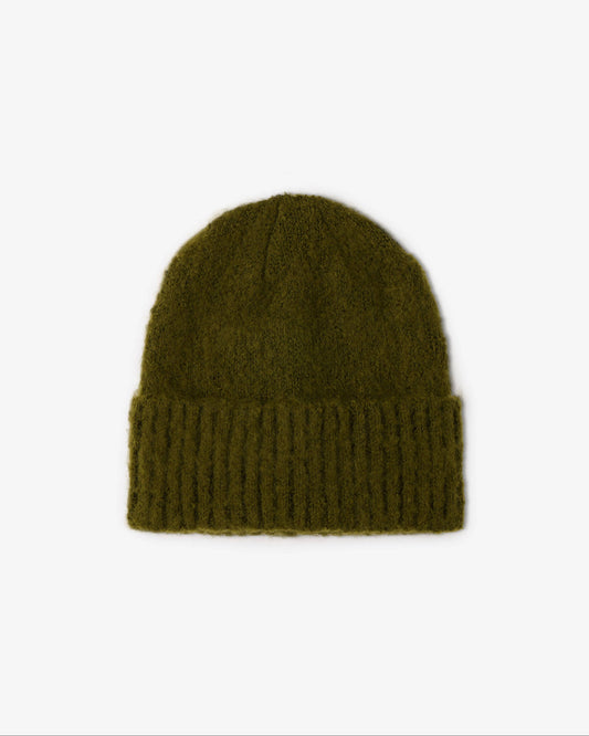 A dark brown ribbed knit beanie hat centered on a plain white background.
