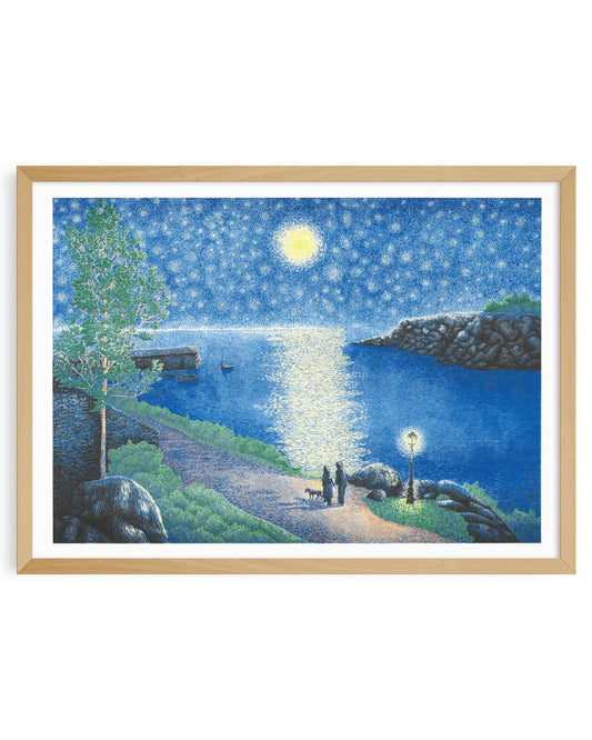 Framed artwork of a coastal scene with a couple under a full moon. The Starry Night - Manon Diemer