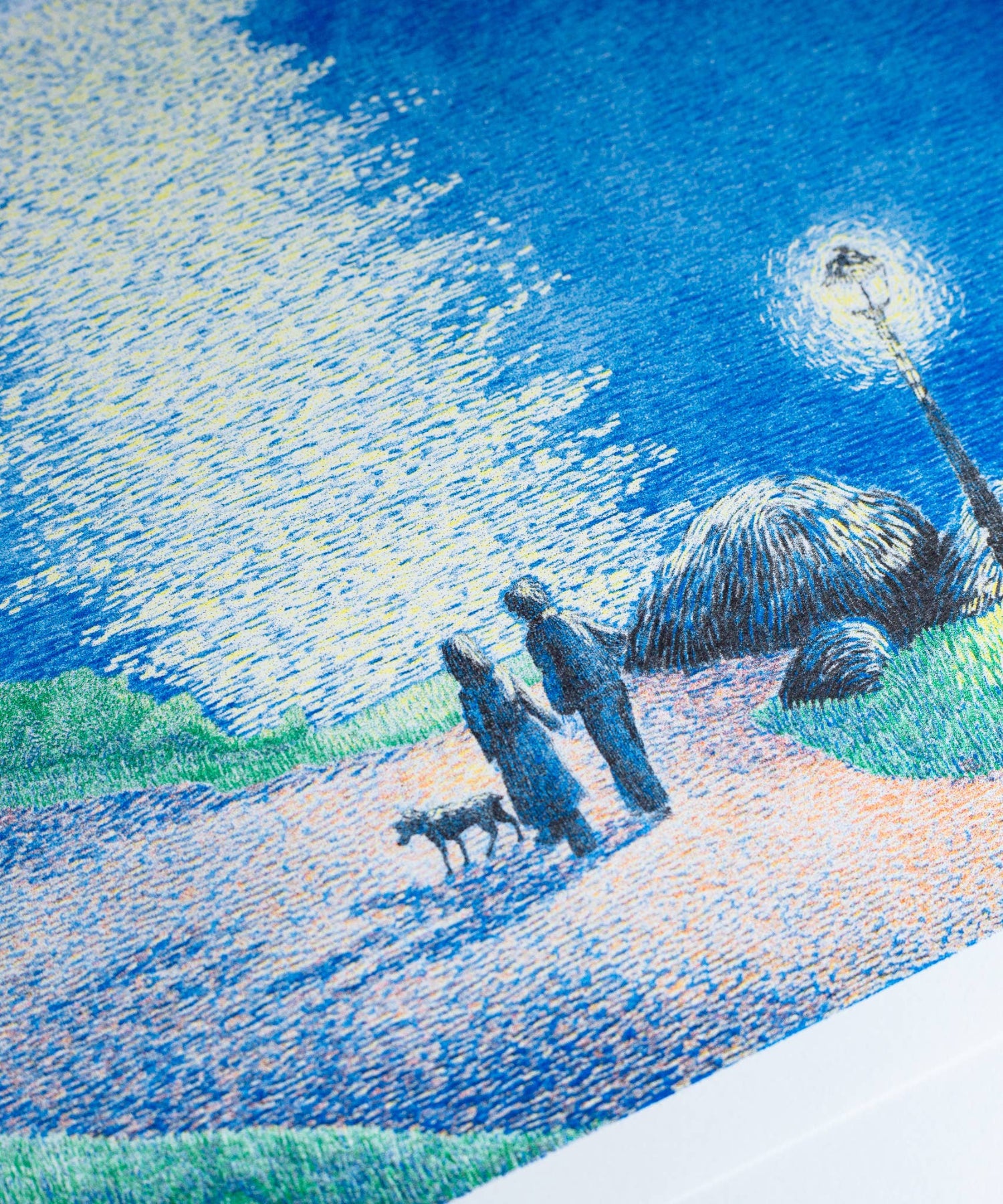 Artistic depiction of a family with a dog walking on a path under a starry sky. The Starry Night Manon Diemer