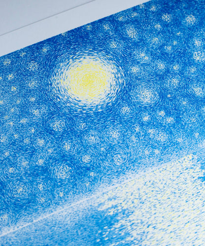 Artistic depiction of a starry night sky with a bright yellow center. The Starry Night Manon Diemer