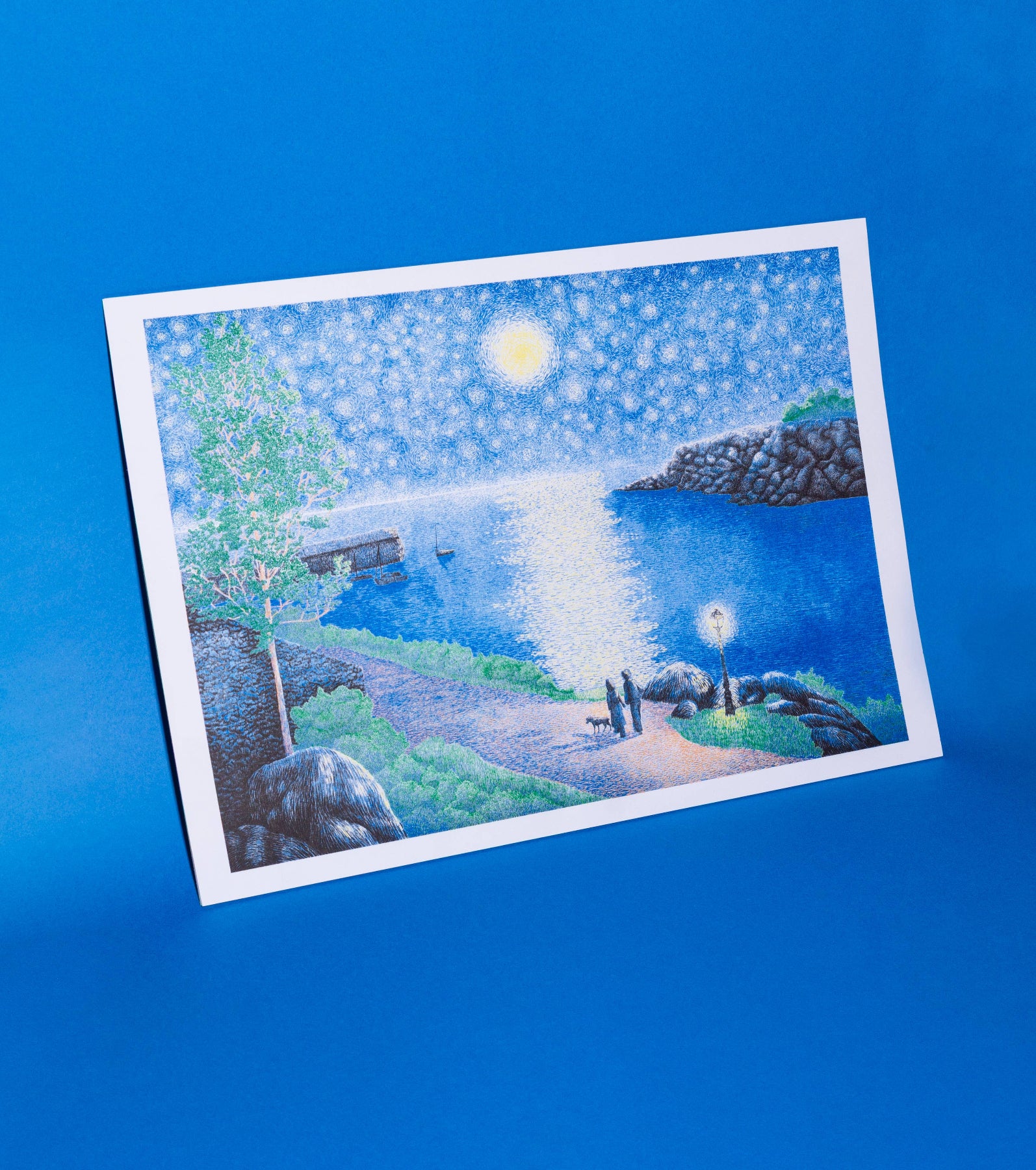 Illustration of a serene landscape with a lake, trees, and a path on a blue background, The Starry Night Manon Diemer
