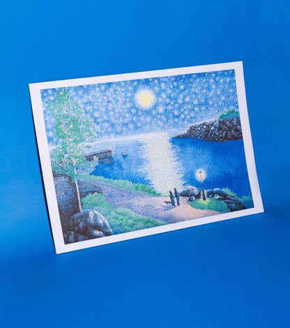 Illustration of a serene landscape with a lake, trees, and a path on a blue background, The Starry Night Manon Diemer