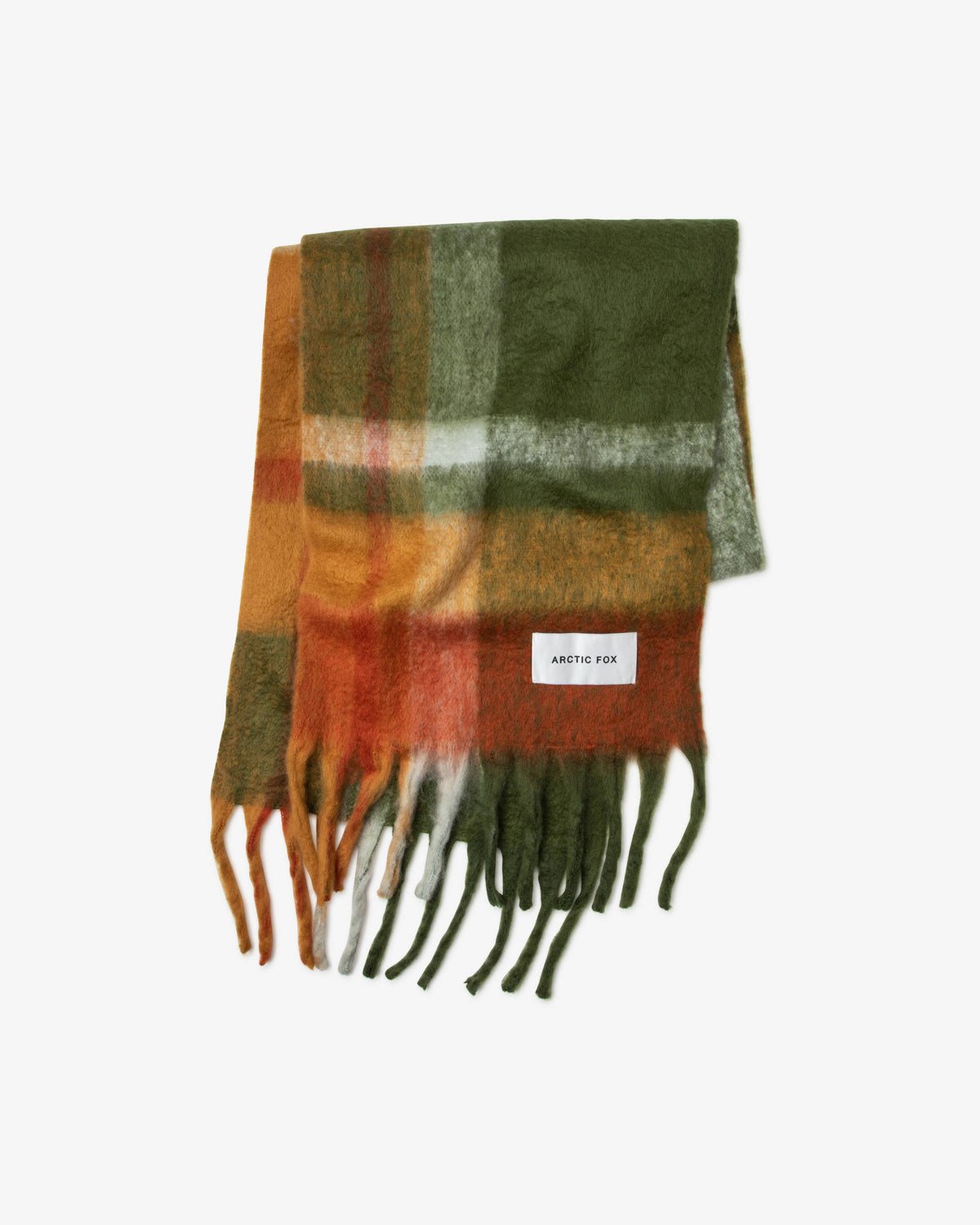 Plaid scarf with fringes on a light gray background