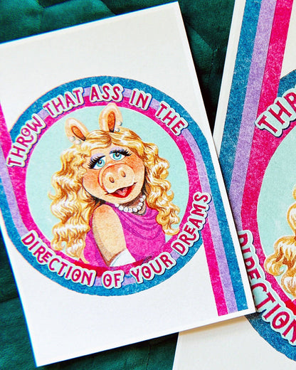 Two greeting cards featuring a character with text on a green textured background