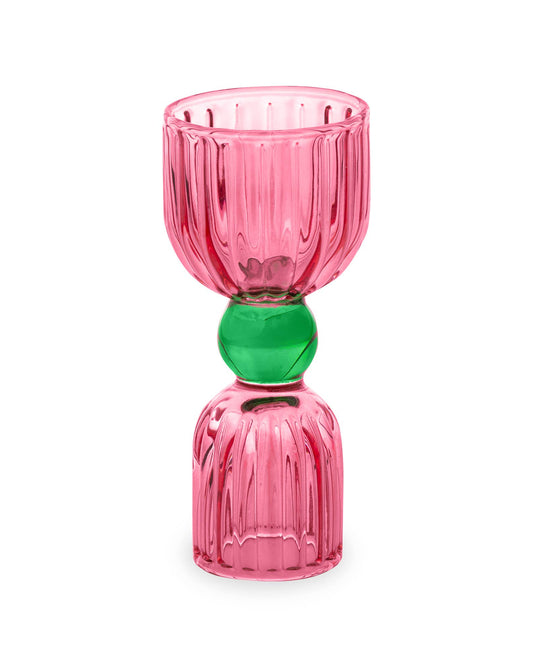 Pink glass with a green accent on a white background, Tipsy Turvy Jigger, ink jigger
