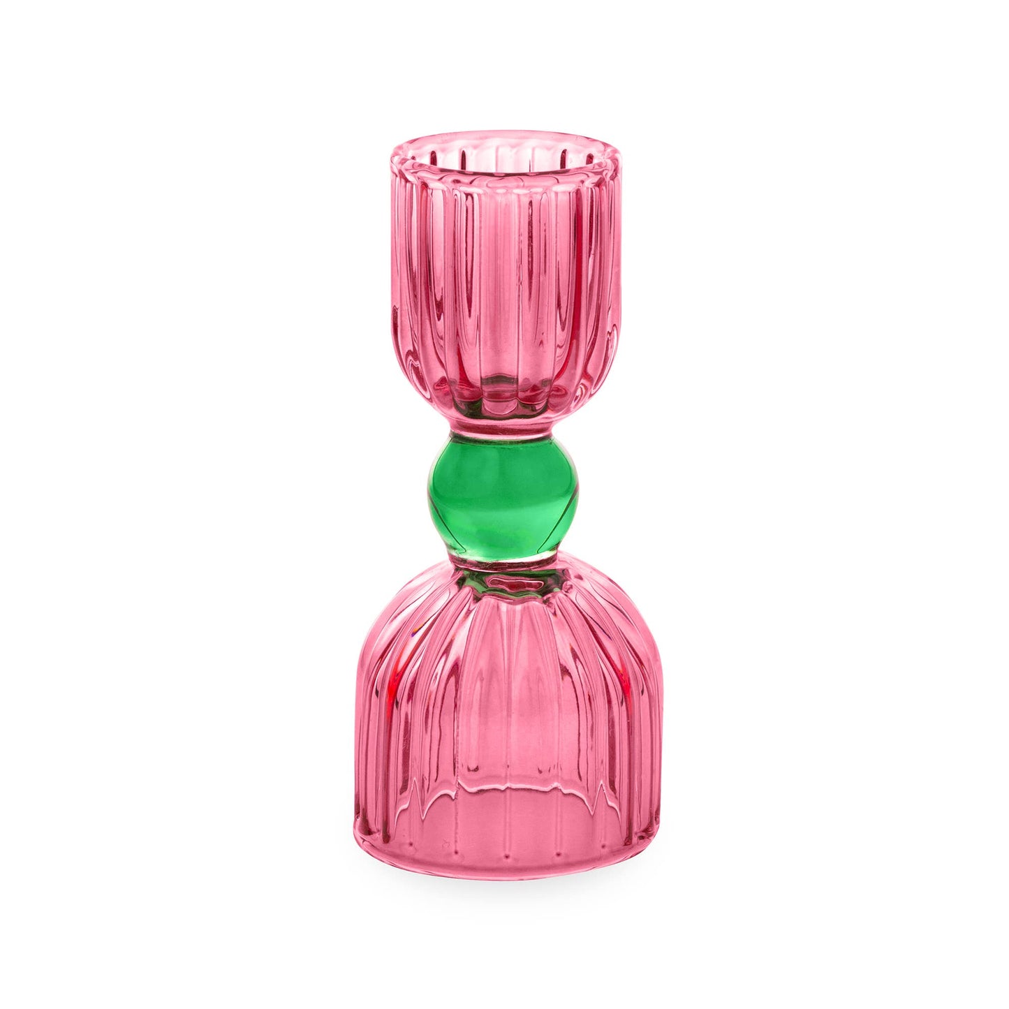 Stacked pink and green glass candle holders on a white background, Tipsy Turvy Jigger, pink jigger, cute jigger