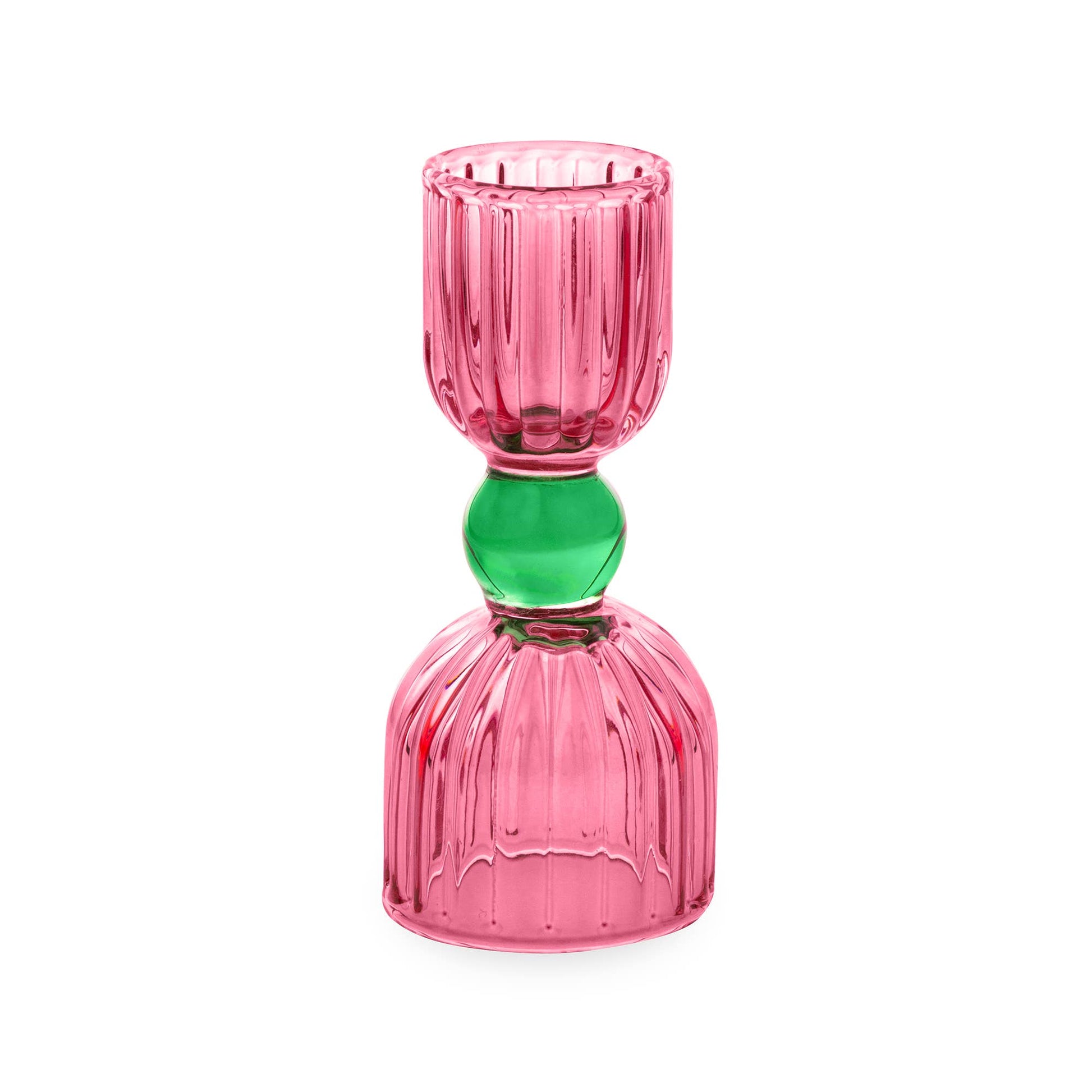 Stacked pink and green glass candle holders on a white background, Tipsy Turvy Jigger, pink jigger, cute jigger