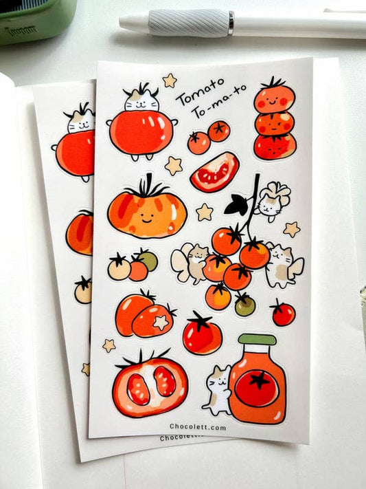 Sheet of tomato-themed stickers with cute illustrations on a white background.