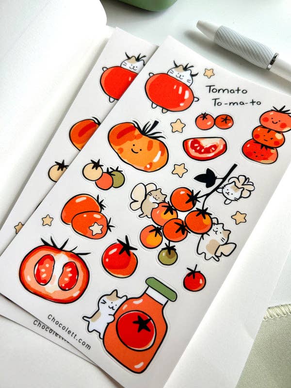 Sheet of tomato-themed stickers with cute illustrations on a white background.