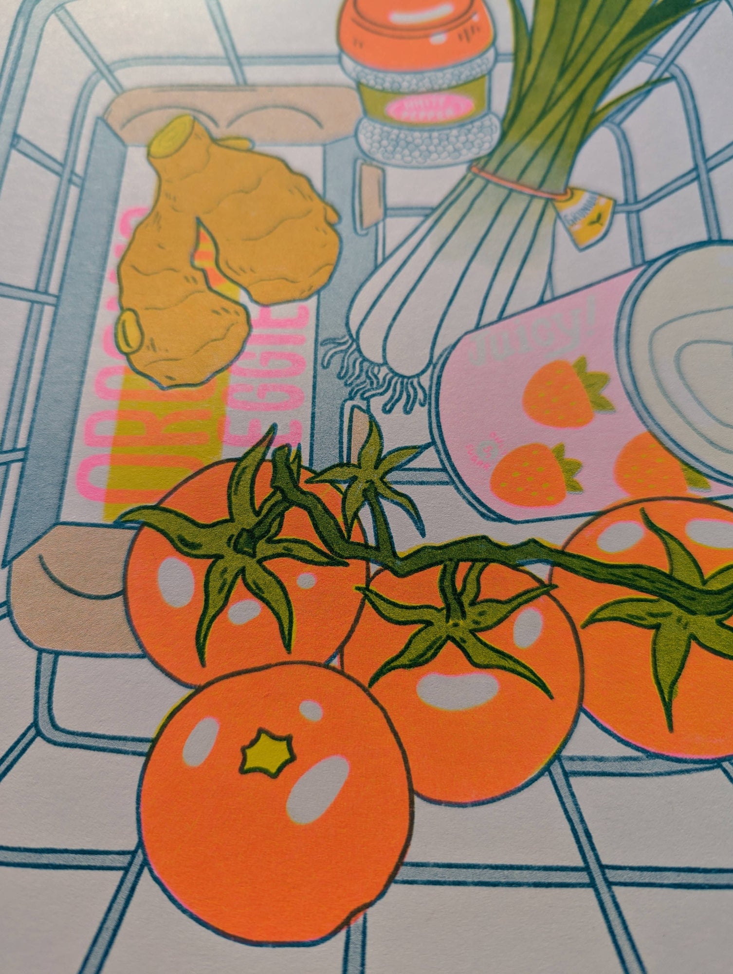 Illustration of tomatoes, ginger, and other kitchen items on a tiled background, Tomato Egg Risograph Art Print, Christina Hu