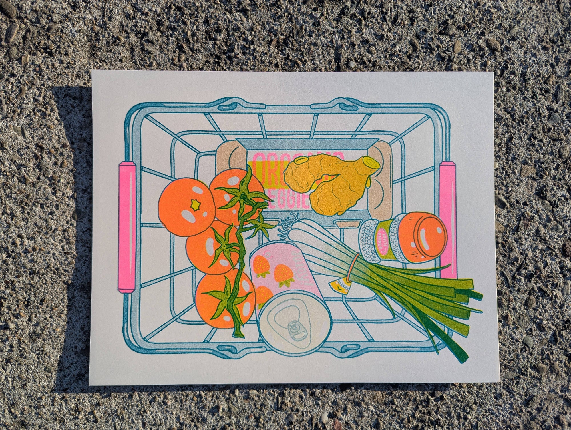 Illustration of a shopping basket with groceries on a textured surface, Tomato Egg Risograph Art Print, Christina Hu