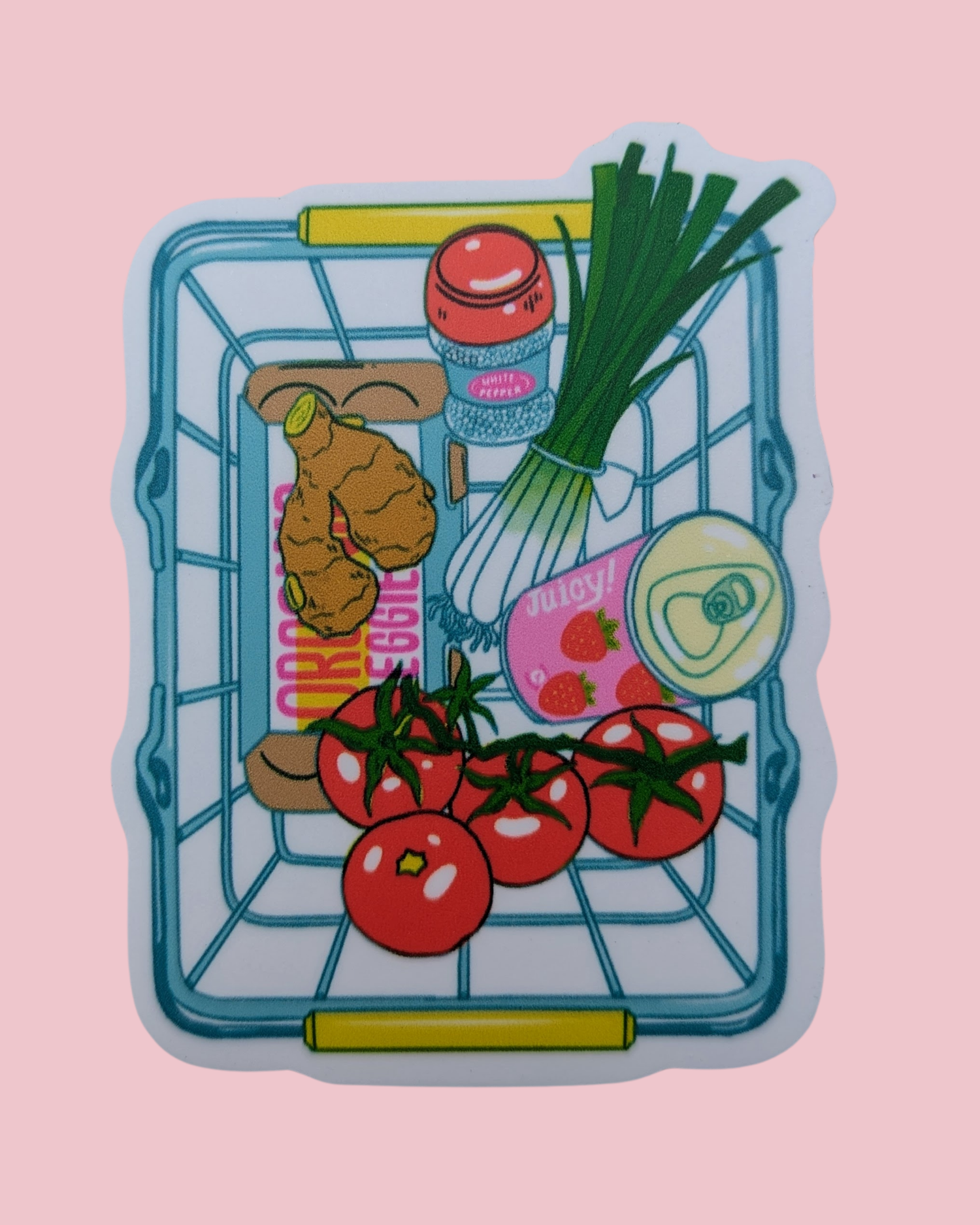 Illustration of a shopping basket with groceries on a pink background