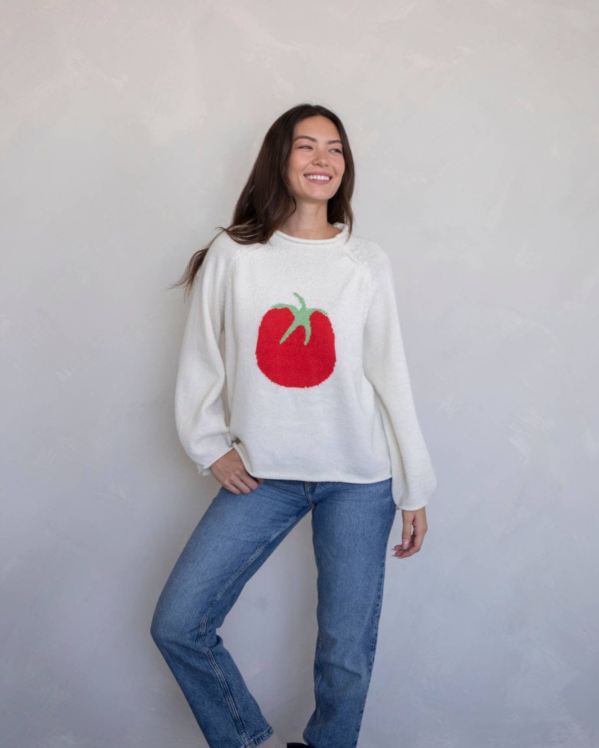 Cozy knit sweater with red tomato design, Women's wool blend sweater with tomato