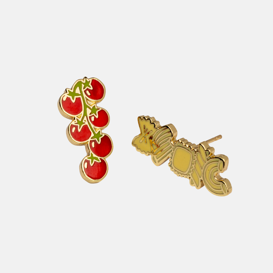 Pair of earrings, one with red tomato design and the other with gold butterfly design, on a white background.