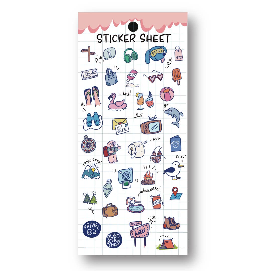Sticker sheet with various colorful stickers on a white background