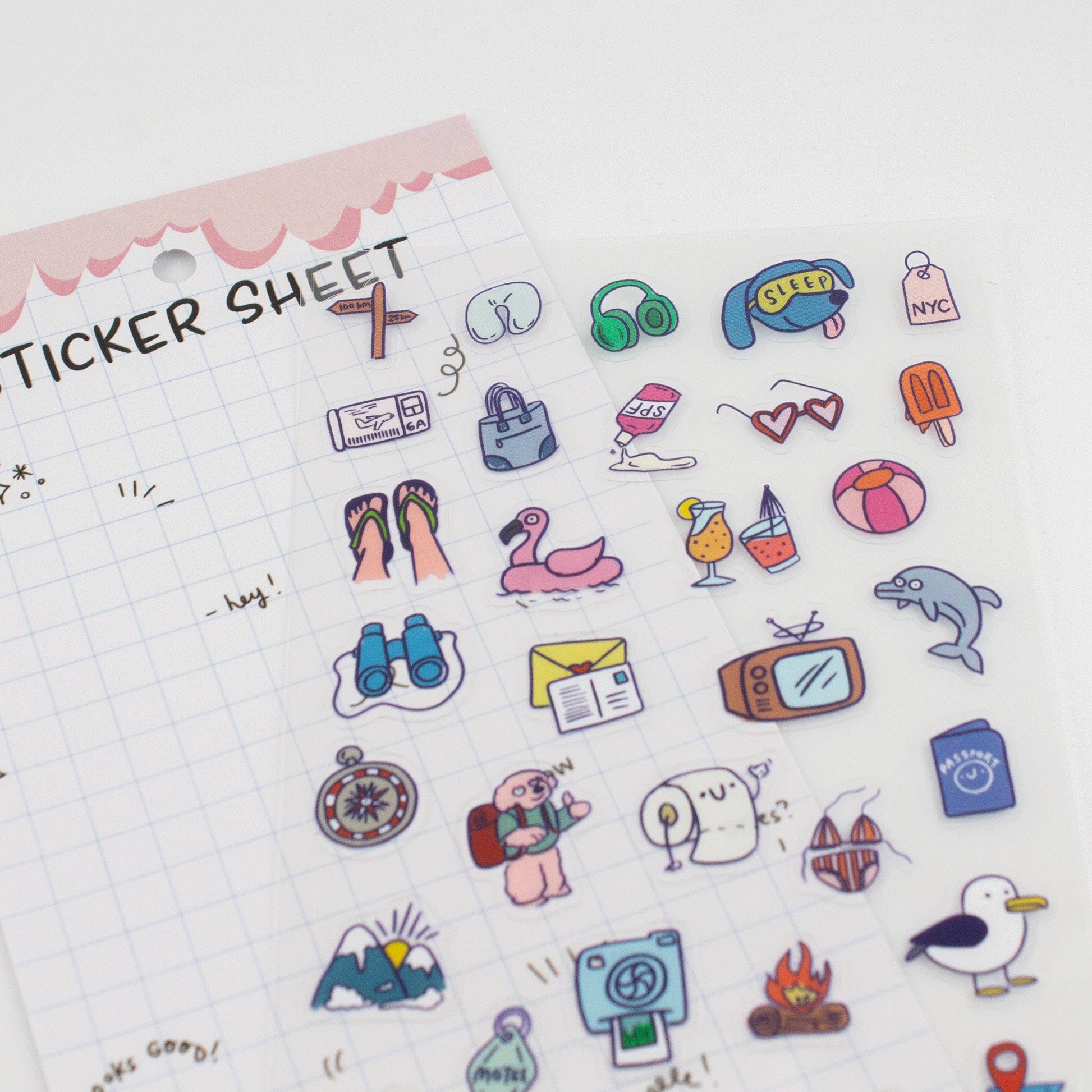 Sheet of colorful stickers with various designs on a white background