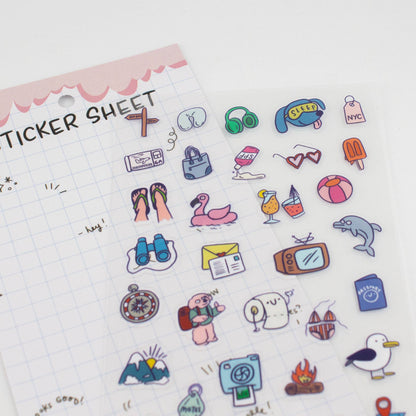 Sheet of colorful stickers with various designs on a white background