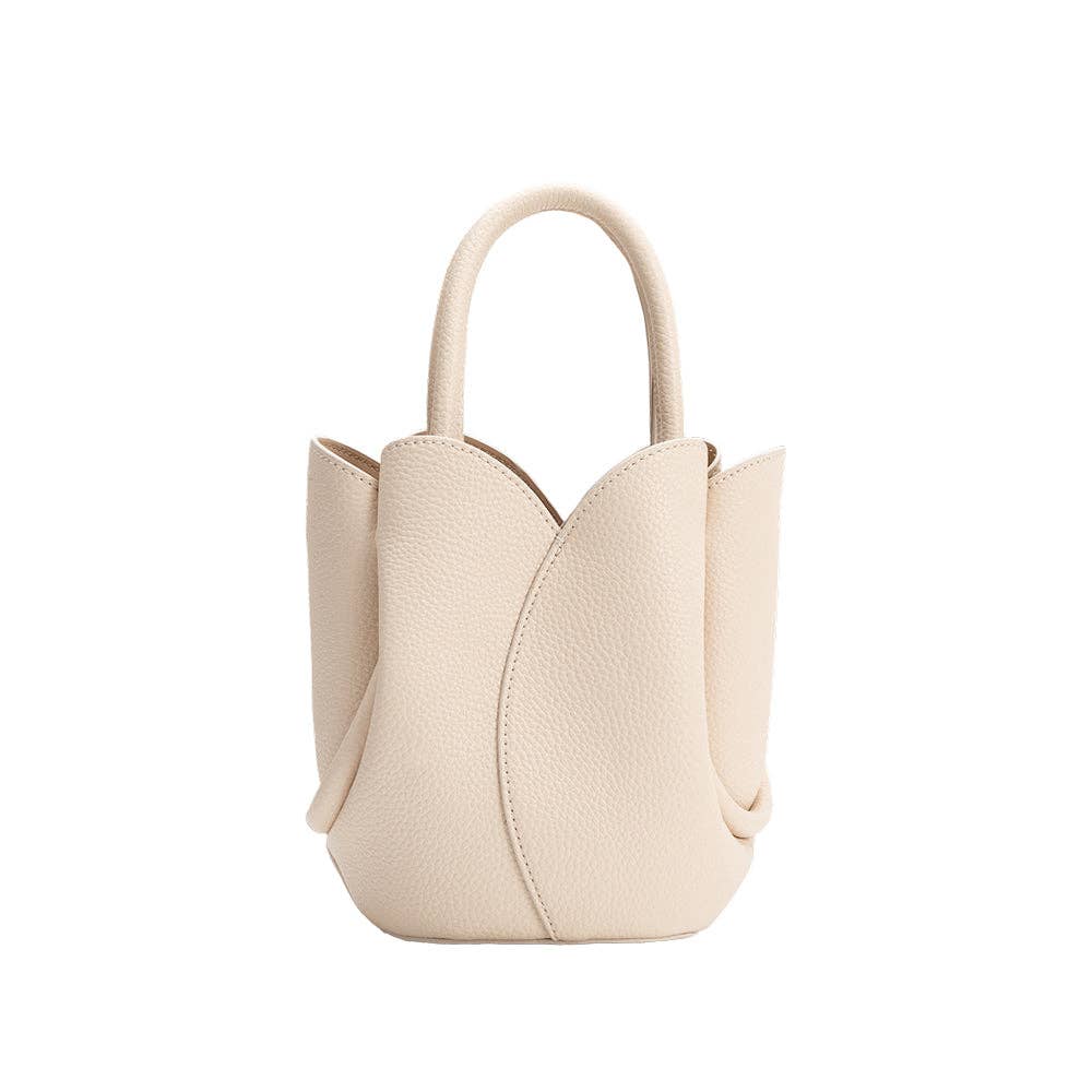Beige handbag with a unique design on a white background, Tulip Mini Cream Top Handle Bag, Melie Bianco