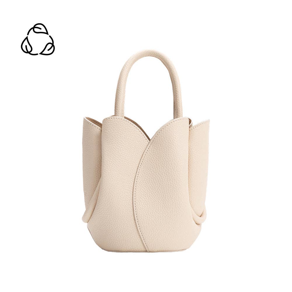 Beige handbag with a unique design on a white background, Tulip Mini Cream Top Handle Bag, Melie Bianco
