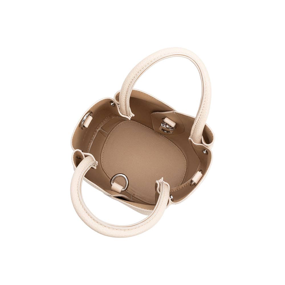 Beige handbag with white handles on a white background, Tulip Mini Cream Top Handle Bag, Melie Bianco