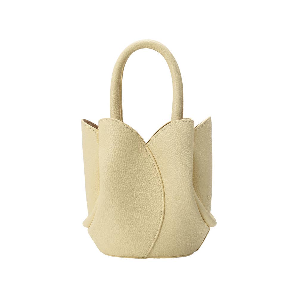 Beige handbag with a unique tulip-like design on a white background, 