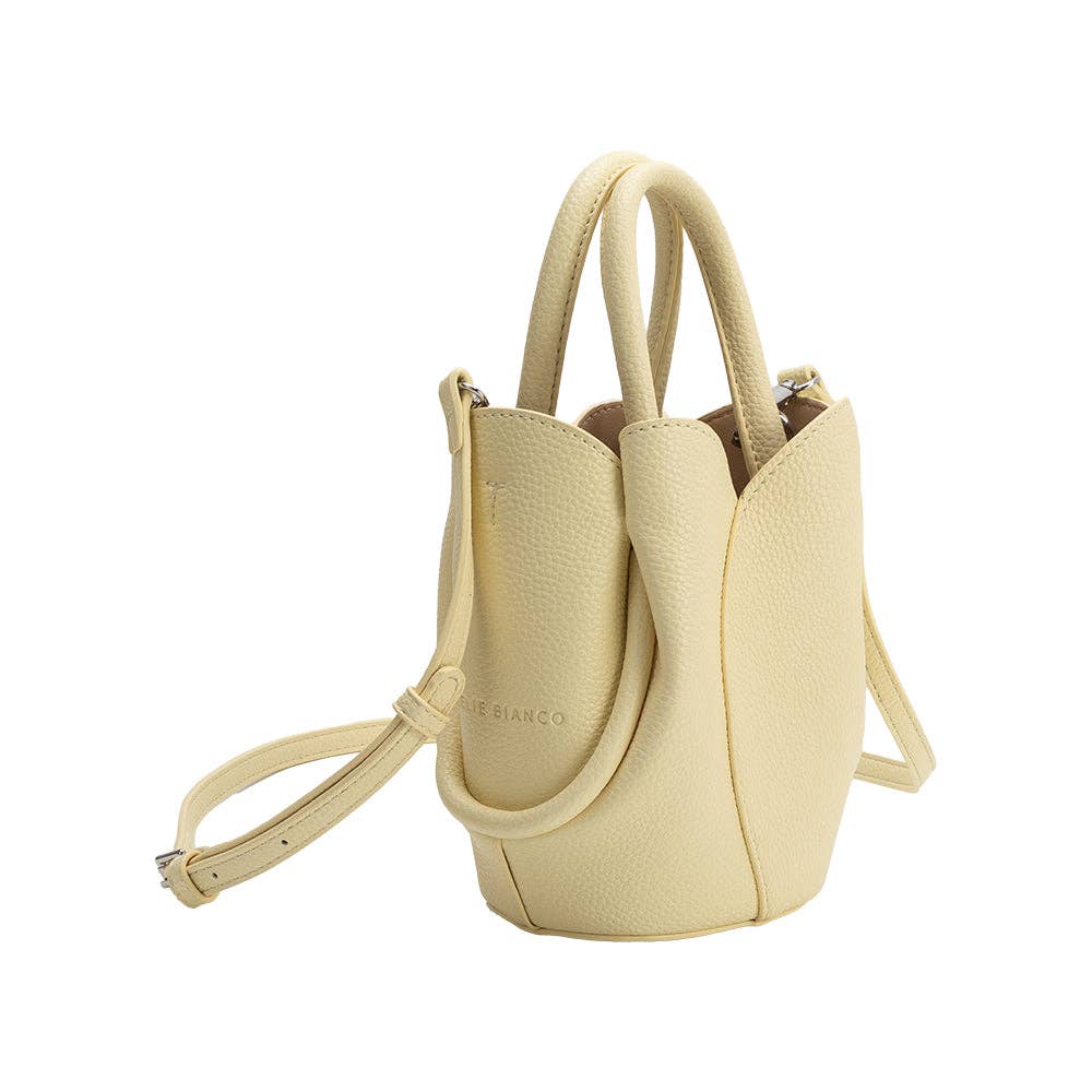 Beige handbag with a strap on a white background, Tulip Mini Yellow Top Handle Bag Melie Bianco