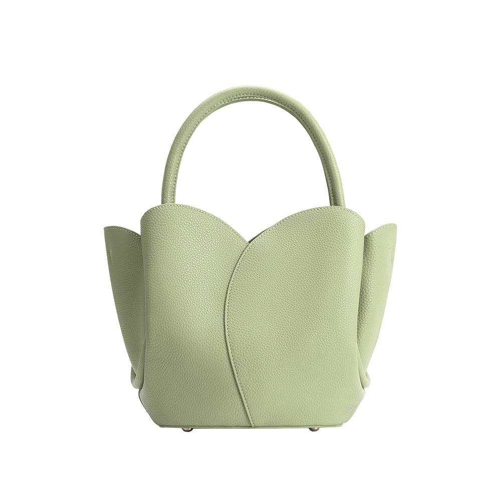 Light green handbag with a unique design on a white background, Tulip Sage Top Handle Bag Melie Bianco