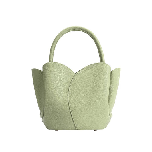 Light green handbag with a unique design on a white background, Tulip Sage Top Handle Bag Melie Bianco
